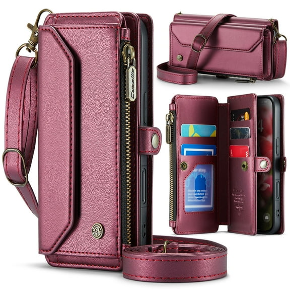 ELEHOLD for iPhone 17 Pro Max Wallet Case,Support Wireless Charging PU Leather RFID Blocking Card Holder Kickstand Flip Shockproof Case with Crossbody Wristlet Strap for iPhone 17 Pro Max,Winered