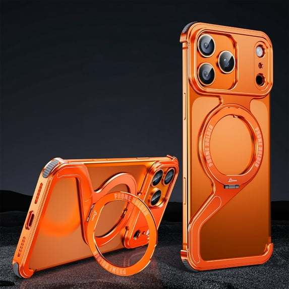 ELEHOLD For iPhone 17 Pro Metal Magnetic Rugged Case, 360° Rotating Magnetic Holder Aluminum Metal Frameless Design Bumper Z-Shaped Shockproof Protective Cover ,Orange