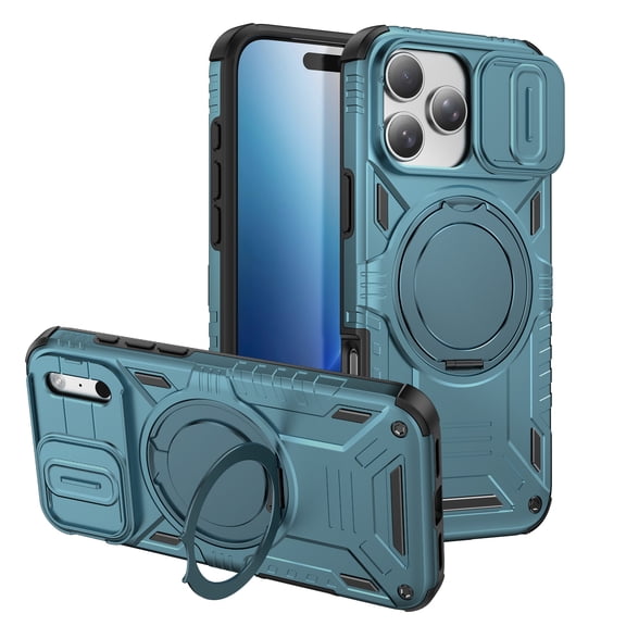 ELEHOLD for iPhone 17 Pro Rugged Case with Camera Sliding Lens Cover, Compatible with MagSafe, Heavy Duty Shockproof 360 Magnetic Ring Stand Cover,Light Blue