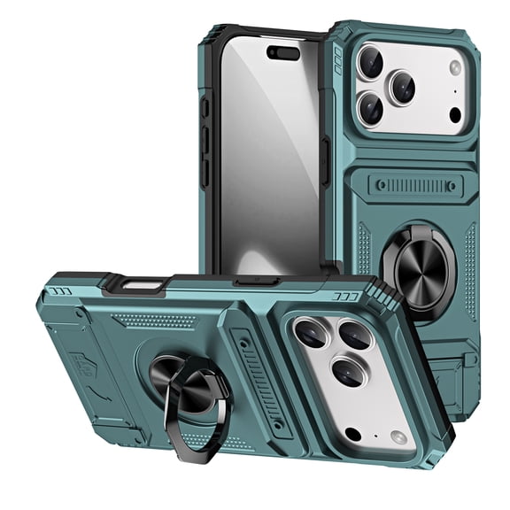 ELEHOLD for iPhone 17 Pro Rugged Hard Case with Metal Ring Holder Kickstand Work with Magnetic Car Mount Hidden Card Slot Pocket Shockproof Protective Cover,Green