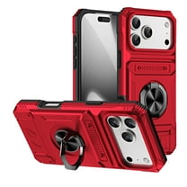 ELEHOLD for iPhone 17 Pro Rugged Hard Case with Metal Ring Holder Kickstand Work with Magnetic Car Mount Hidden Card Slot Pocket Shockproof Protective Cover,Red
