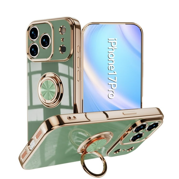 ELEHOLD for iPhone 17 Pro Slim Case Electroplating Frame Design All-inclusive Lens Protection Metal Ring Holder Stand Function Shockproof Lightweight Case for iPhone 17 Pro, Fruitgreen