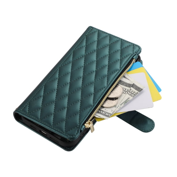 ELEHOLD For iPhone 17 Pro Wallet Case, Card Slots Zipper Purse Luxury PU Leather Kickstand Full Body Shockproof Phone Cover with Shoulder/Wrist Strap for iPhone 17 Pro,Darkgreen