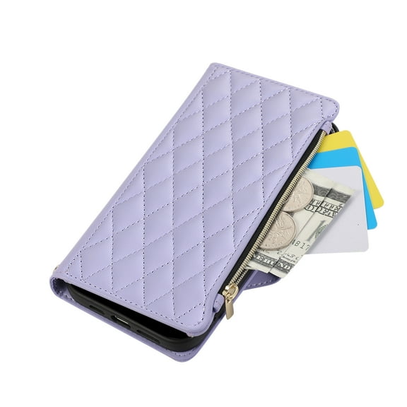 ELEHOLD For iPhone 17 Pro Wallet Case, Card Slots Zipper Purse Luxury PU Leather Kickstand Full Body Shockproof Phone Cover with Shoulder/Wrist Strap for iPhone 17 Pro,Lightpurple