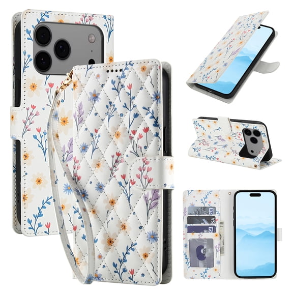 ELEHOLD for iPhone 17 Pro Wallet Case, Floral Flower PU Leather Shockproof Flip Kickstand Card Slots Wallet Phone Case With Wrist Strap For Women Girl,Flower