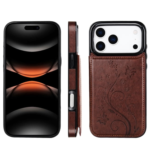 ELEHOLD for iPhone 17 Pro Wallet Case, Flower Embossed Pattern Magnetic Button Card Holders PU Leather Cover Kickstand Function Shockproof Protective Case for iPhone 17 Pro, Brown
