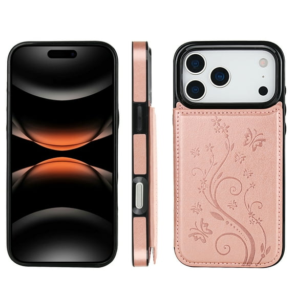 ELEHOLD for iPhone 17 Pro Wallet Case, Flower Embossed Pattern Magnetic Button Card Holders PU Leather Cover Kickstand Function Shockproof Protective Case for iPhone 17 Pro, Rosegold