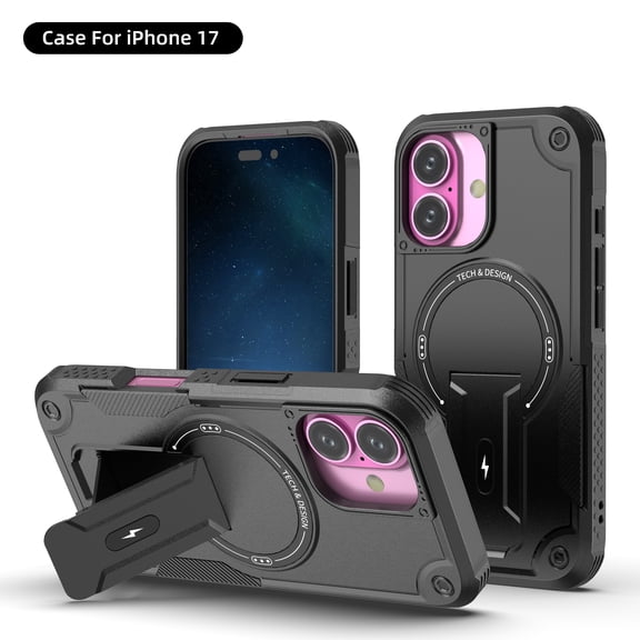 ELEHOLD for iPhone 17 Rugged Case,Hybrid Hard PC Silicone Magnetic Rugged Stand Cover Compatible with Mag Safe Accessories Heavy Duty Shockproof Protective Phone Case,Black