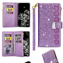 ELEHOLD for iPhone 17 Stylish Flip Wallet Case,Bling Glitter Leather Zipper Pocket 9 Card Holders Stand Function Magnetic Clasp Detachable Wrist Strap Lanyard Purse Case,Purple