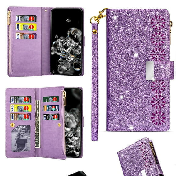 ELEHOLD for iPhone 17 Stylish Flip Wallet Case,Bling Glitter Leather Zipper Pocket 9 Card Holders Stand Function Magnetic Clasp Detachable Wrist Strap Lanyard Purse Case,Purple