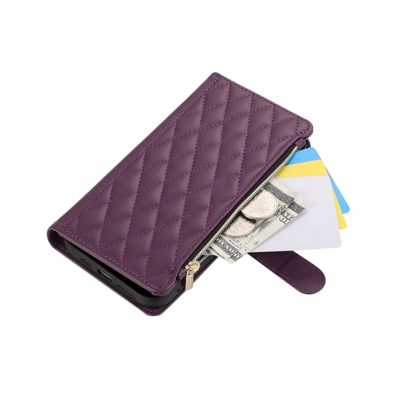 ELEHOLD For iPhone 17 Wallet Case, Card Slots Zipper Purse Luxury PU Leather Kickstand Full Body Shockproof Phone Cover with Shoulder/Wrist Strap for iPhone 17,Darkpurple