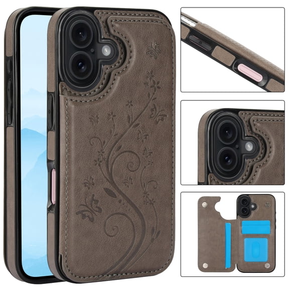 ELEHOLD for iPhone 17 Wallet Case, Flower Embossed Pattern Magnetic Button Card Holders PU Leather Cover Kickstand Function Shockproof Protective Case for iPhone 17, Gray