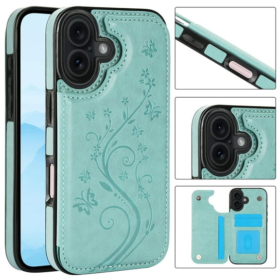 ELEHOLD for iPhone 17 Wallet Case, Flower Embossed Pattern Magnetic Button Card Holders PU Leather Cover Kickstand Function Shockproof Protective Case for iPhone 17, Mint