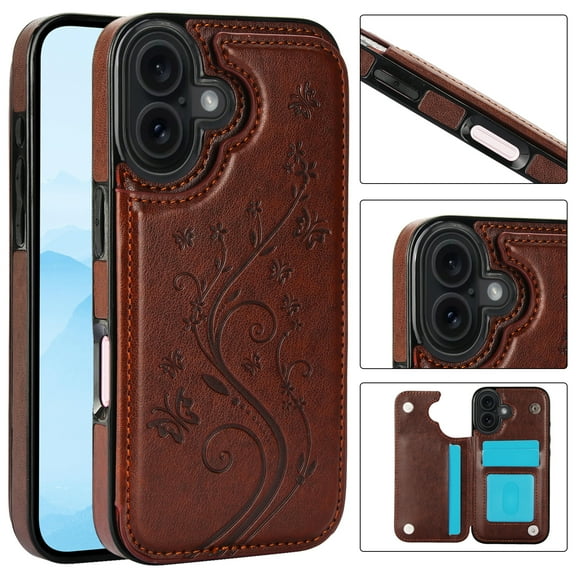 ELEHOLD for iPhone 17 Wallet Case, Flower Embossed Pattern Magnetic Button Card Holders PU Leather Cover Kickstand Function Shockproof Protective Case for iPhone 17, Brown