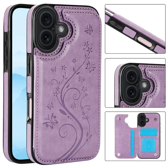 ELEHOLD for iPhone 17 Wallet Case, Flower Embossed Pattern Magnetic Button Card Holders PU Leather Cover Kickstand Function Shockproof Protective Case for iPhone 17, Purple