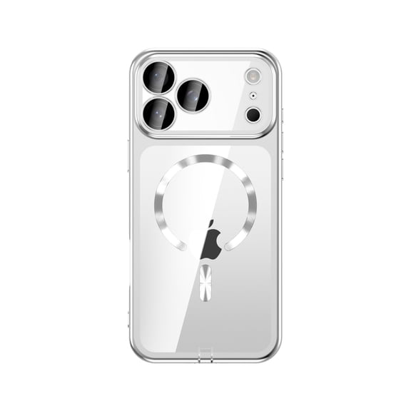 ELEHOLD for iPhone 18 Pro Max Clear Case Compatible with MagSafe Accessories, Electroplated Shockproof Built-in Camera Lens Protector Cover With Dust Plug,Silver