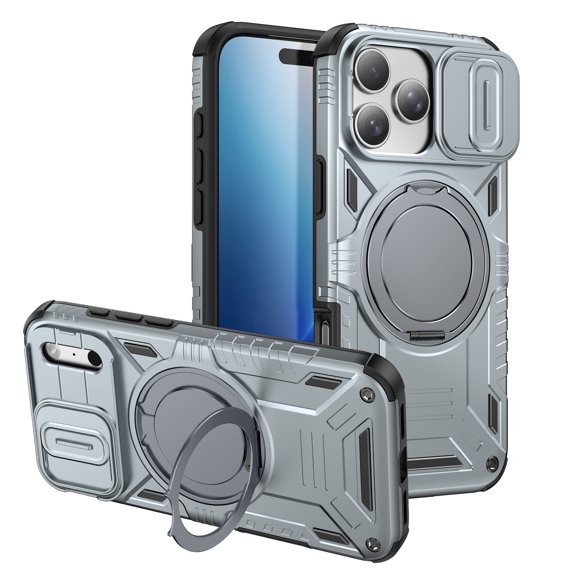 ELEHOLD for iPhone 18 Pro Max Rugged Case with Camera Sliding Lens Cover, Compatible with MagSafe, Heavy Duty Shockproof 360 Magnetic Ring Stand Cover,Gray