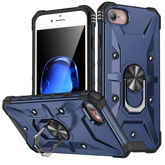 ELEHOLD for iPhone 7 / 8 / SE 2020 / SE 2022 Armor Case, Military Grade Hard PC Magnetic Built-in Car Mount 360° Rotatable Metal Ring Holder Kickstand Shockproof Multi-Functional Rugged Case, Darkblue