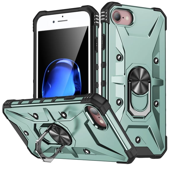 ELEHOLD for iPhone 7 / 8 / SE 2020 / SE 2022 Armor Case, Military Grade Hard PC Magnetic Built-in Car Mount 360° Rotatable Metal Ring Holder Kickstand Shockproof Multi-Functional Rugged Case,Darkgreen