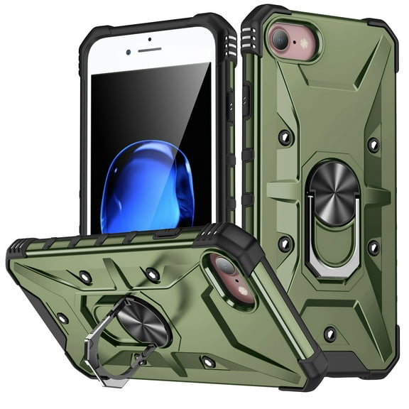 ELEHOLD for iPhone 7 / 8 / SE 2020 / SE 2022 Armor Case, Military Grade Hard PC Magnetic Built-in Car Mount 360° Rotatable Metal Ring Holder Kickstand Shockproof Multi-Functional Rugged Case,Armygreen