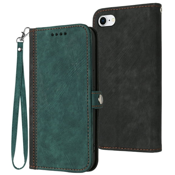 ELEHOLD for iPhone 7/ 8/SE 2020/SE 2022 4.7" Wallet Case with Detachable Wrist Strap Handbag, Luxury PU Leather Flip Soft TPU Built-in Magnetic Card Slots Kickstand Function Shockproof Case,Darkgreen