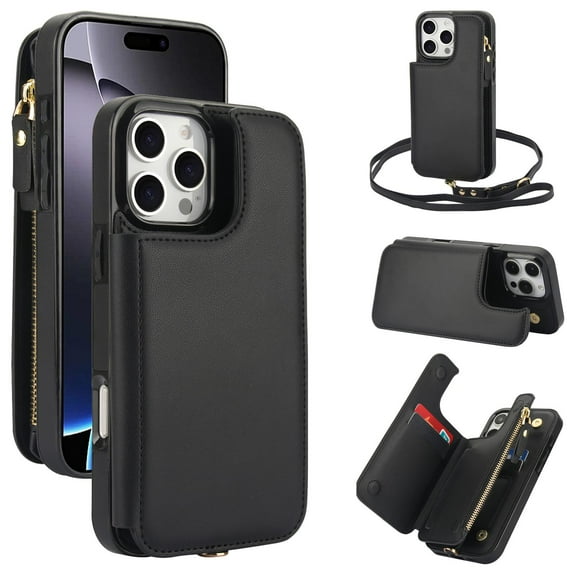 ELEHOLD for iPhone 7 / 8 / SE 2022 & 2020 Case,Flip Kickstand RFID Blocking Card Slot Holder Zipper PU Leather Crossbody Wallet Shock-Absorbent Protective Case with Crossbody Strap,Black