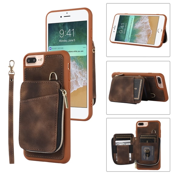 ELEHOLD for iPhone 7 / 8 / SE 2022 & 2020,Luxury Zipper Wallet Case with Card Slots Zipper Pocket Kickstand Function Wriststrap Crossbody Shoulder Strap Shockproof Purse Case,brown