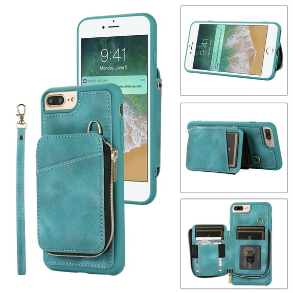 ELEHOLD for iPhone 7 / 8 / SE 2022 & 2020,Luxury Zipper Wallet Case with Card Slots Zipper Pocket Kickstand Function Wriststrap Crossbody Shoulder Strap Shockproof Purse Case,green