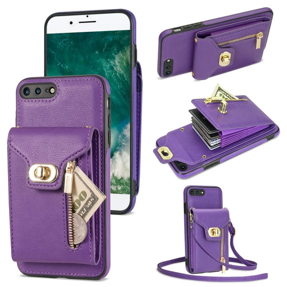 ELEHOLD for iPhone 7 Plus / 8 Plus Zipper Pocket Case, Flip PU Leather Wallet Crossbody Shoulder Strap Lanyard Case with Credit Card Holder Women RFID Blocking Protective Purse Cover, purple
