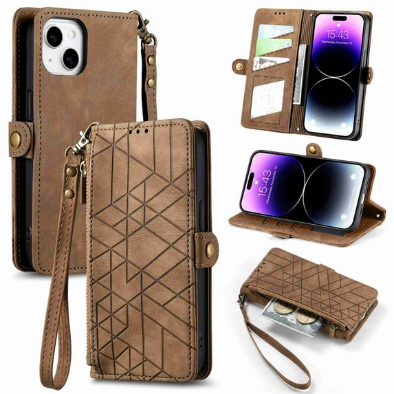 ELEHOLD for iPhone 7 / iPhone 8 / SE 2022 & 2020 Flip Wallet Case, Shockproof Premium Vintage PU Leather Magnetic Geometric Handbag Zipper Pocket Card Holder Slots Kickstand Wrist Strap Cover, brown