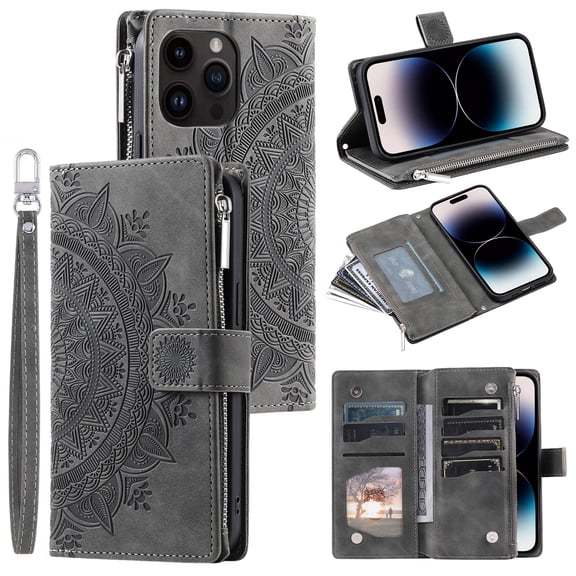 ELEHOLD for iPhone 7 / iPhone 8 / SE 2022 & 2020 Multi-Function Wallet Case, Zipper Magnetic PU Leather Wrist Strap Card Holder Protective Wallet Stand for Women and Men Cover, gray