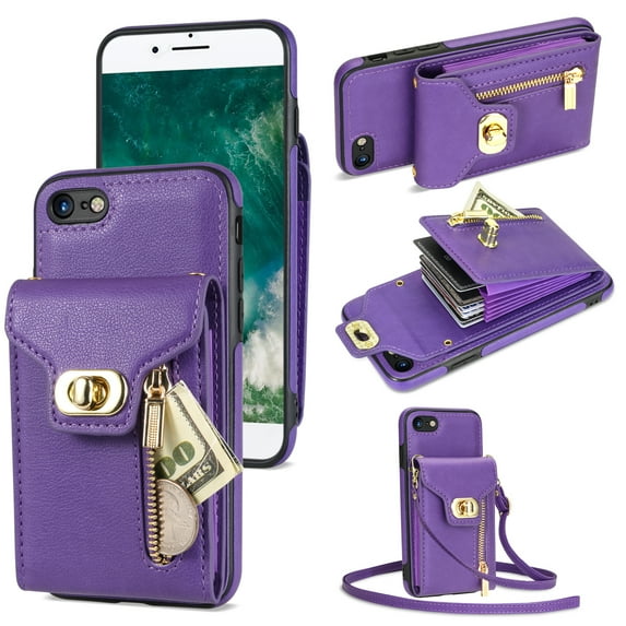 ELEHOLD for iPhone 7 / iPhone 8 / SE 2022 & 2020 Zipper Pocket Case, Flip PU Leather Wallet Crossbody Shoulder Strap Lanyard Case with Credit Card Holder Women RFID Blocking Purse Phone Cover, purple