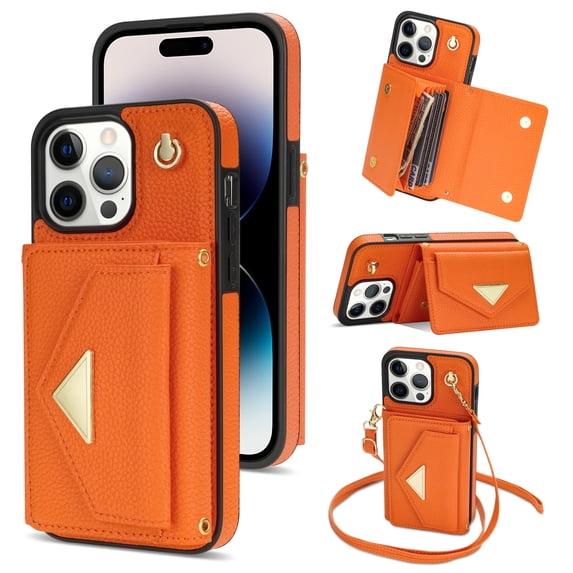 ELEHOLD for iPhone 8 Plus/7 Plus Case Premium Leather Wallet with Back Organ Card Holders Kickstand Function Crossbody Shoulder Strap Luxury Shockproof Women Purse Cover ,orange