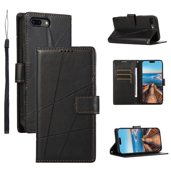 ELEHOLD for iPhone 8 Plus/7 Plus Flip Folio Wallet Case with Credit Card Holders Magnetic Clasp Kickstand Function Wrist Lanyard Premium PU Leather Shockproof Protective Cover,black