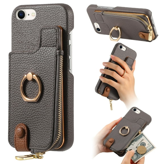 ELEHOLD for iPhone 8 Plus/7 Plus Luxury Leather Wallet Case with Back Flip Card Slots RFID Blocking Zipper Cash Pocket Stand Function Ring Holder Support Magnetic Car Mount Shockproof Case,gray