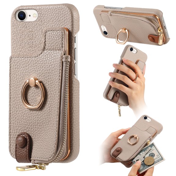 ELEHOLD for iPhone 8 Plus/7 Plus Luxury Leather Wallet Case with Back Flip Card Slots RFID Blocking Zipper Cash Pocket Stand Function Ring Holder Support Magnetic Car Mount Shockproof Case,khaki