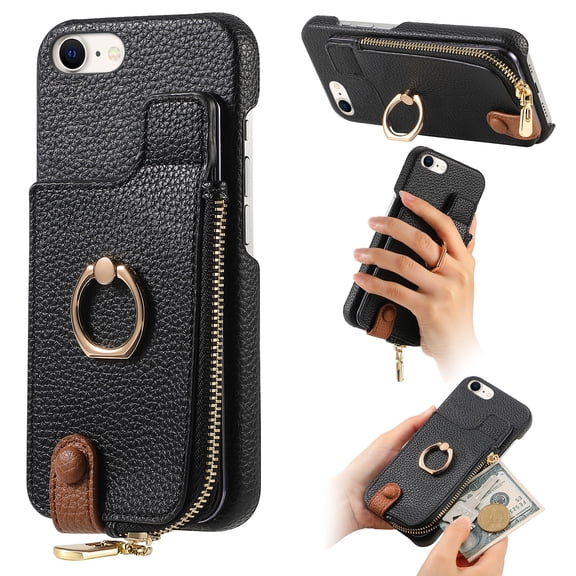 ELEHOLD for iPhone 8 Plus/7 Plus Luxury Leather Wallet Case with Back Flip Card Slots RFID Blocking Zipper Cash Pocket Stand Function Ring Holder Support Magnetic Car Mount Shockproof Case,black