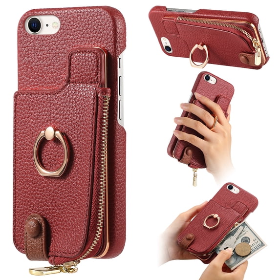 ELEHOLD for iPhone 8 Plus/7 Plus Luxury Leather Wallet Case with Back Flip Card Slots RFID Blocking Zipper Cash Pocket Stand Function Ring Holder Support Magnetic Car Mount Shockproof Case,red