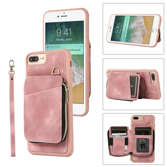 ELEHOLD for iPhone 8 Plus/7 Plus,Luxury Zipper Wallet Case with Card Slots Zipper Pocket Kickstand Function Wriststrap Crossbody Shoulder Strap Shockproof Purse Case,pink
