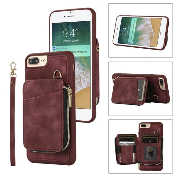 ELEHOLD for iPhone 8 Plus/7 Plus,Luxury Zipper Wallet Case with Card Slots Zipper Pocket Kickstand Function Wriststrap Crossbody Shoulder Strap Shockproof Purse Case,winered