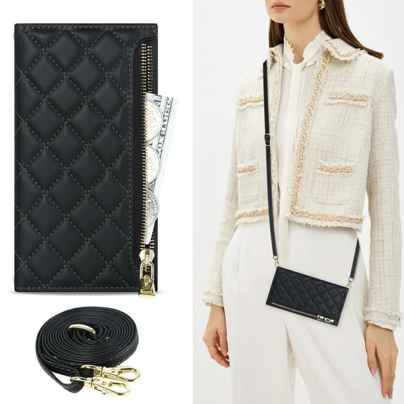 ELEHOLD for iPhone 8 Plus/7 Plus Wallet Case,Card Slot Zipper Purse Adjustable Crossbody Strap Stand Function PU Leather Shockproof Wallet Case, black