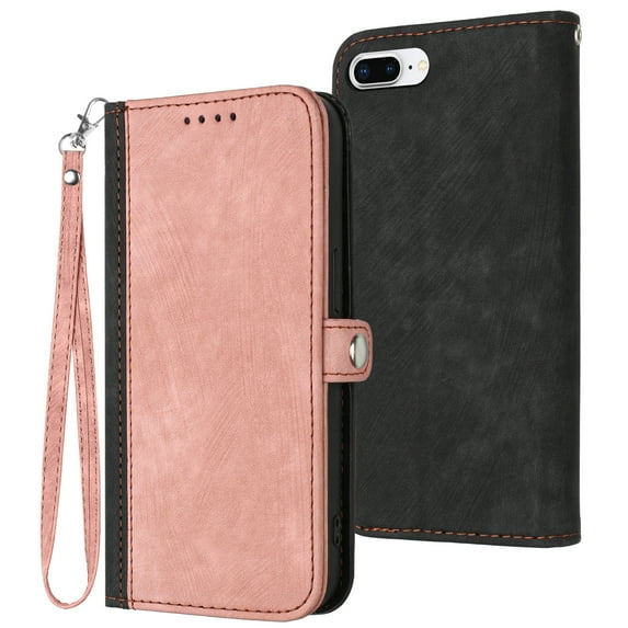 ELEHOLD for iPhone 8 Plus/7 Plus Wallet Case with Detachable Wrist Strap Handbag, Luxury PU Leather Flip Soft TPU Built-in Magnetic Card Slots Kickstand Function Shockproof Case,Pink