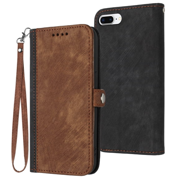 ELEHOLD for iPhone 8 Plus/7 Plus Wallet Case with Detachable Wrist Strap Handbag, Luxury PU Leather Flip Soft TPU Built-in Magnetic Card Slots Kickstand Function Shockproof Case,Brown