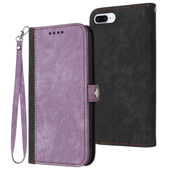ELEHOLD for iPhone 8 Plus/7 Plus Wallet Case with Detachable Wrist Strap Handbag, Luxury PU Leather Flip Soft TPU Built-in Magnetic Card Slots Kickstand Function Shockproof Case,Purple