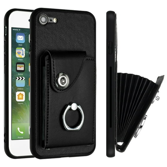 ELEHOLD for iPhone 8 Plus/7 Plus Wallet Case PU Leather Organ Card Slots Holders Magnetic Button Finger Ring Holder Stand Shockproof Full Protective Case,black
