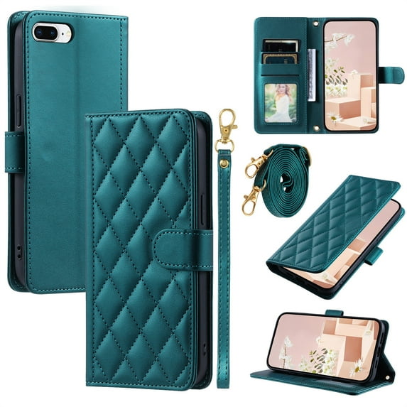 ELEHOLD for iPhone 8 Plus/7 Plus Wallet Crossbody Case PU Leather Cover with Card Slots Magnetic Clasp Kickstand Detachable Wriststrap Shoulder Strap Flip Shockpoof Cover,green