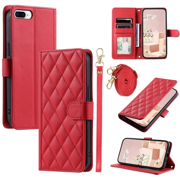 ELEHOLD for iPhone 8 Plus/7 Plus Wallet Crossbody Case PU Leather Cover with Card Slots Magnetic Clasp Kickstand Detachable Wriststrap Shoulder Strap Flip Shockpoof Cover,red