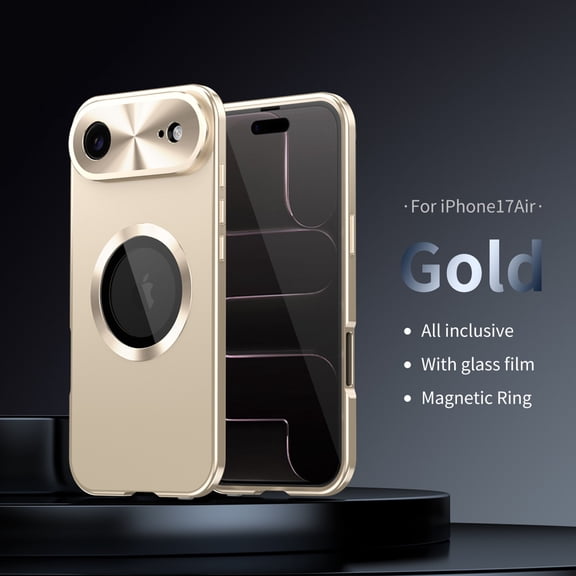 ELEHOLD for iPhone Air Full Body Case,Double Sided with Built-in Tempered Glass Screen Protector Metal Frame Plating PC Shockproof Rugged Case for iPhone Air,Gold