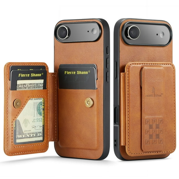ELEHOLD for iPhone Air Wallet Back Case,RFID Blocking Flip Card Holders Strong Magnetic Retractable Wristband Strap Stand Function Shockproof Protective iPhone Air Cover,Brown
