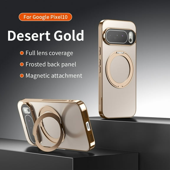 ELEHOLD For Google Pixel 9 Pro XL Magnetic Case with Full Camera Protector, Shockproof Rugged Magnetic 360° Ring Kickstand Anti-Scratch Frosted Anti-Fingerprint Cover,Desertgold